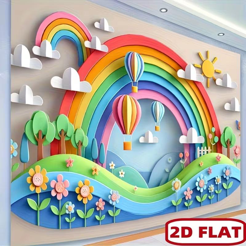

2D Paper Art Rainbow Hot Air Balloon Backdrop, Kids Birthday Party Photo Background 47.2x31.5inch/120*80cm
