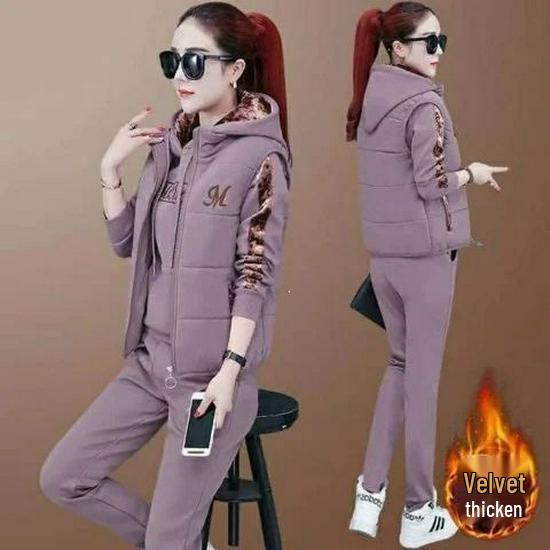 Women's Plus Velvet Thickened Autumn/Winter 2026 Casual Three-Piece Hoodie Suit