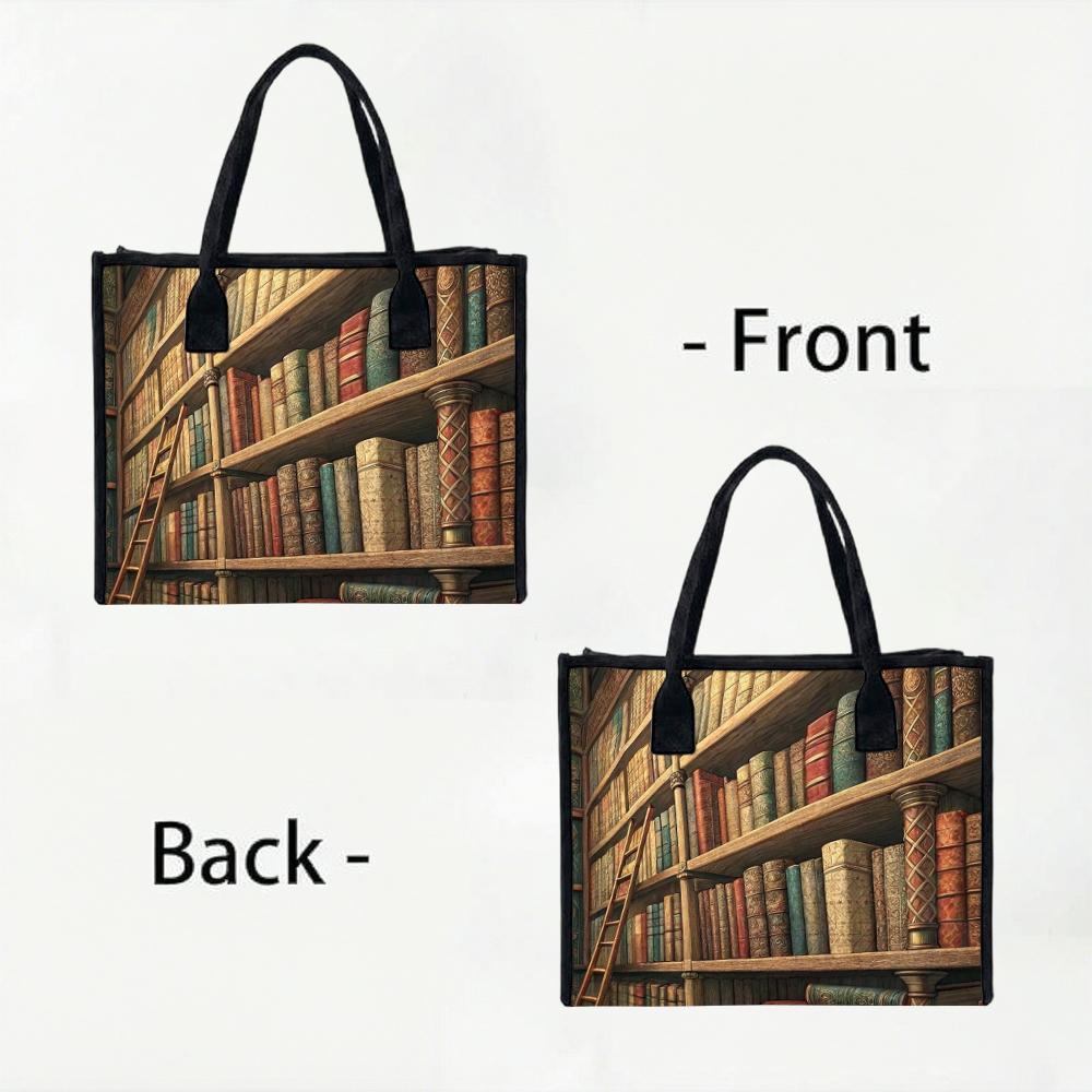 Vintage Library Book Shelf Print Tote Bag Casual Large Capacity Daily Shoulder Bag for Book Lovers