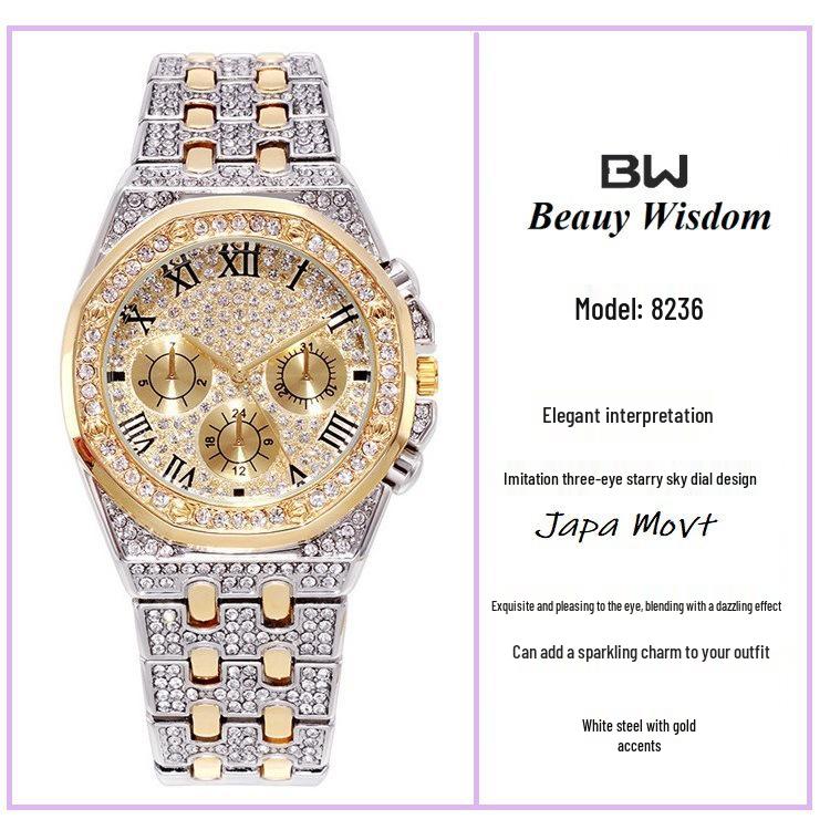 **Relógio de Pulso Bracelete Três Olhares BW Novo Prata Rosa Imitação Diamante**