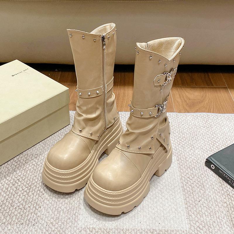 

Туфли на платформе с круглым носком, толстой подошвой, отворачивающимся голенищем, со сборками, с ремешком и пряжкой, ботинки на массивном высоком каблуке, ботинки до середины икры, женская обувь 40