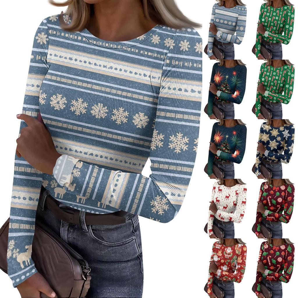 Women's Casual Long Sleeve Christmas Print Neck Ribbed Knit Top