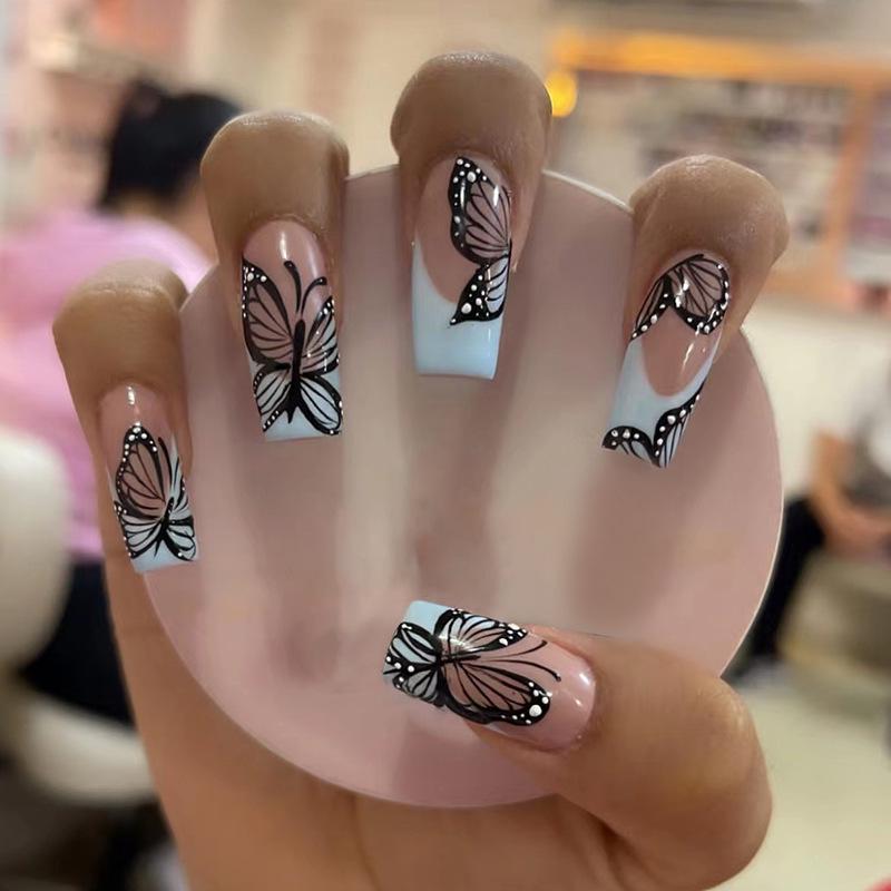 

24 Black Butterfly Nail Tips - Stylish Press-On Nails for a Chic Ballet-Inspired Look