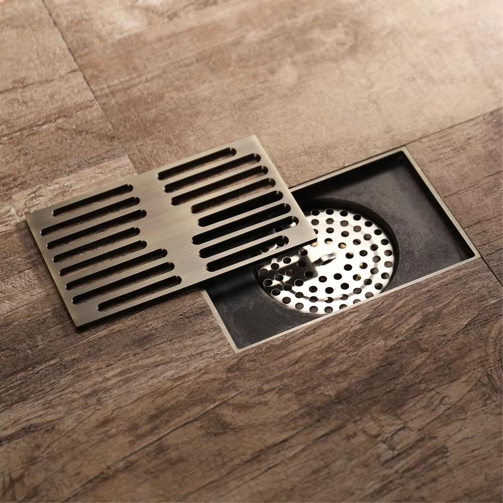 Antique Brass Rectangular Mesh Floor Drain Main Body Bathroom Shower Drain Brass