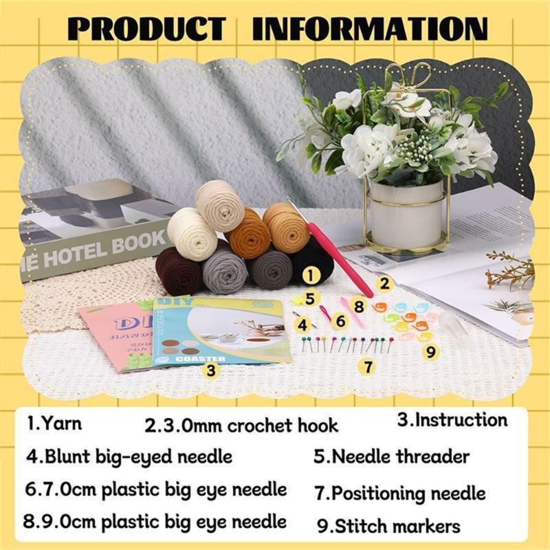 DIY Crochet Cup Coaster Kits for Making Mug Mat, Coaster, Craft, Including Yarn, Crochet Hook, Step-by-Step Instruction