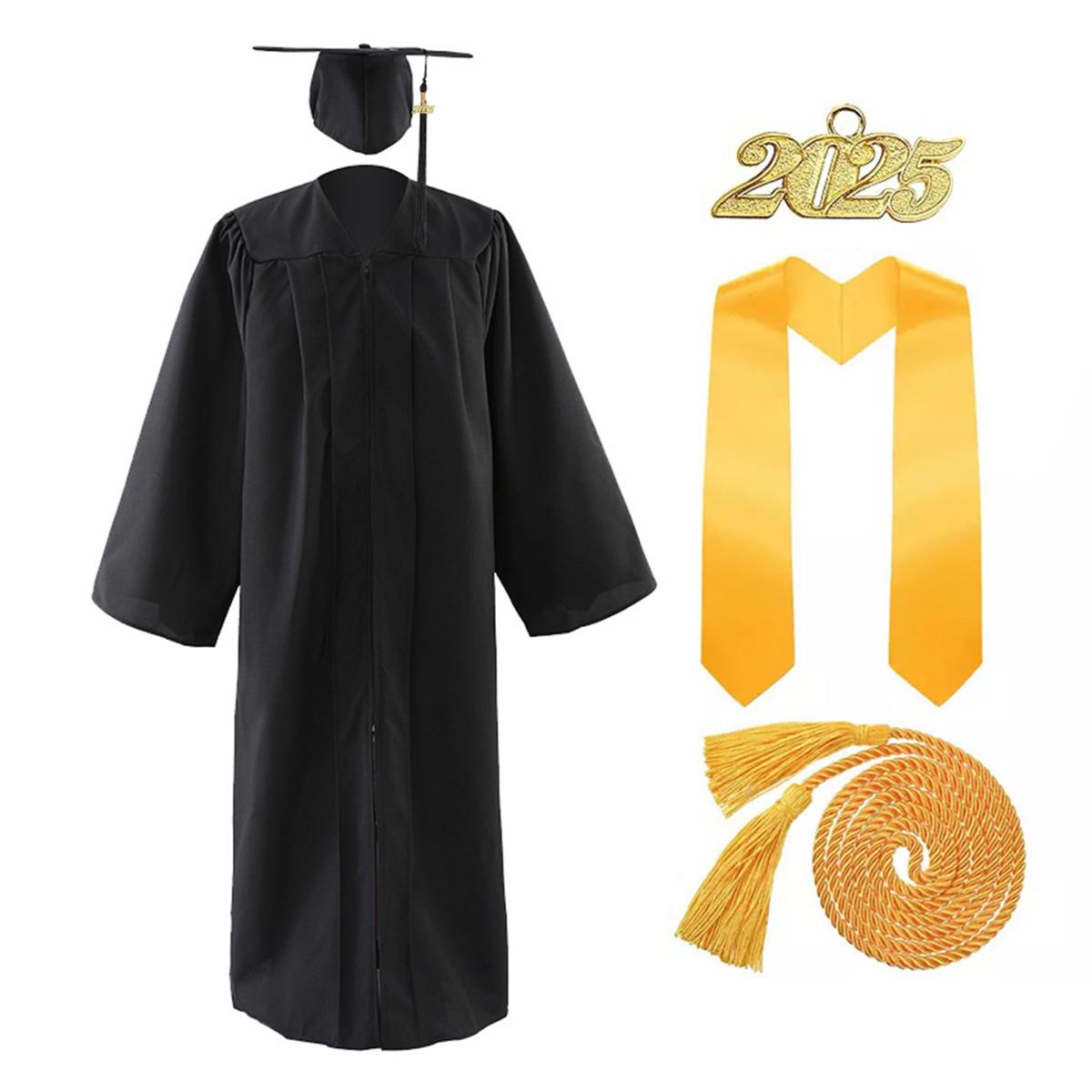 

1 комплект академической униформы включает в себя шапку, шаль, почетный канат, мантию с V-образным вырезом и рукавами «летучая мышь», комплект из выпускной шапочки и мантии 2025 года для памятных выпускных мероприятий S чёрный