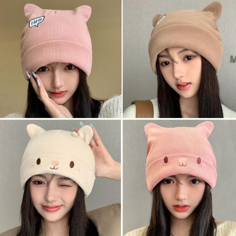 Winter Cute Cat Ear Knitted Hat Warm Beanie Winter Pullover Cap for Womens Girls