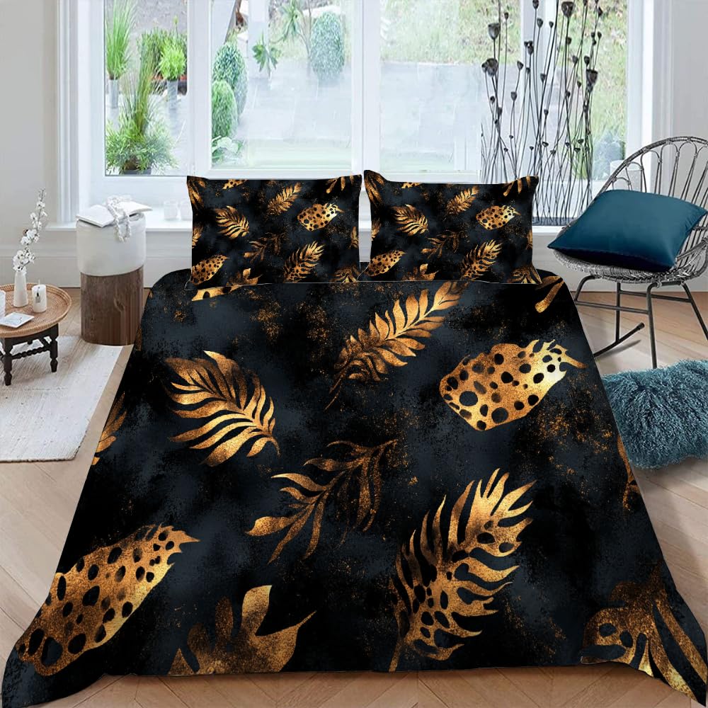 Luxury Golden Floral Duvet Cover Set Black Golden Plant Leave Decor Comforter Cover Fashion Plant Print Bedding Set With Zipper