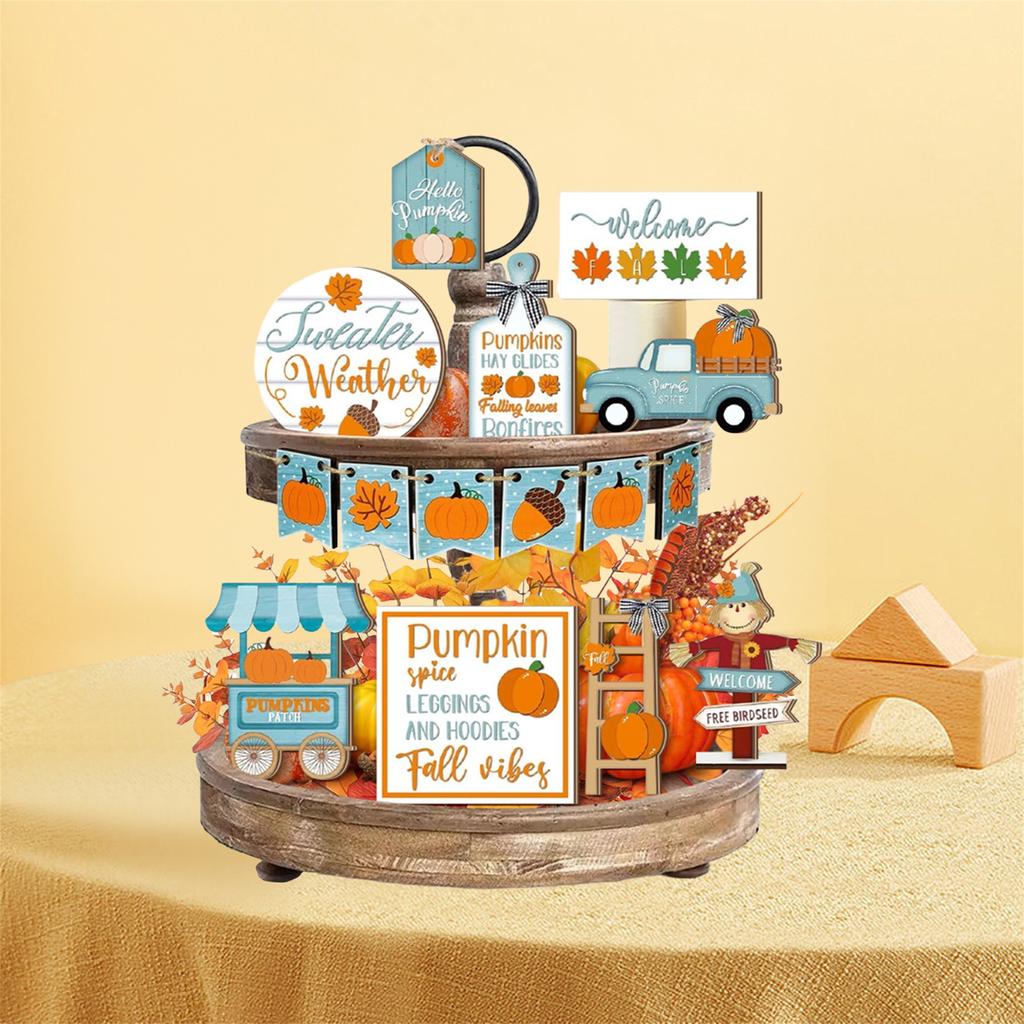 Autumn Harvest Farmhouse Decor Bundle with Pumpkin Patch Scarecrow Truck Signs and Table Centerpieces for Fall Tiered Tray