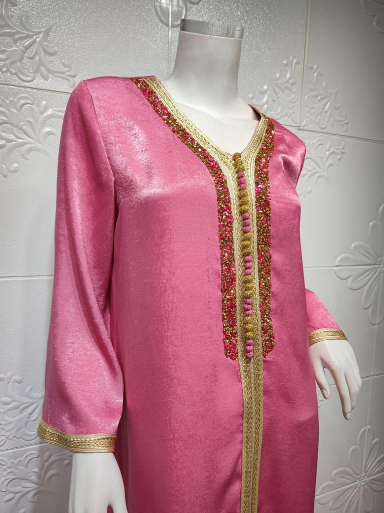 AB073 Women's Lace Abaya with Ribbon & Hot Drill Detail - Middle Eastern Fashion Robe