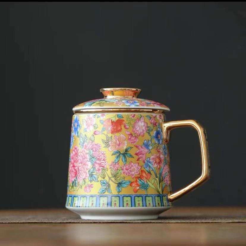 Gilt Cloisonné Enamel Women's Ceramic Mug with Tea Infuser and Square Canister