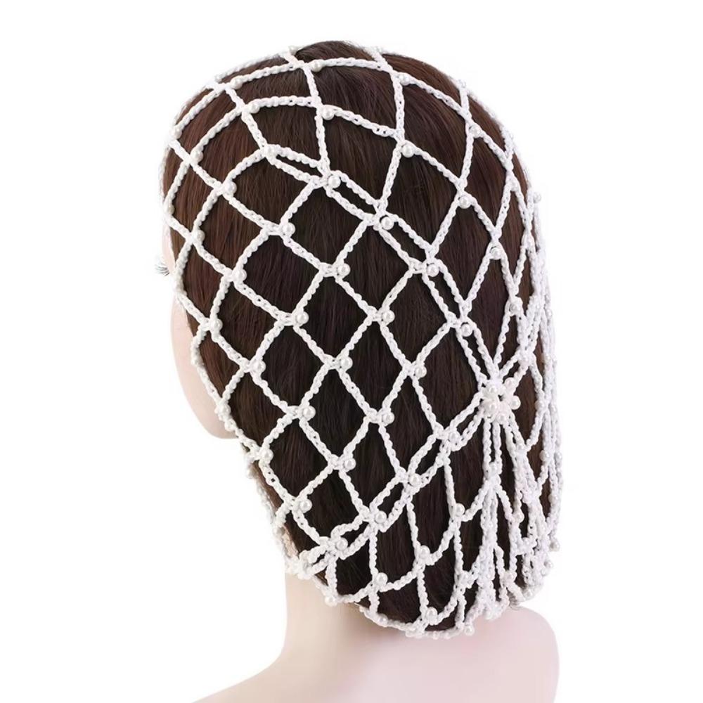 Pearls Beads Mesh Snood Hair Net Solid Color Women Headbands  Hair Accessories