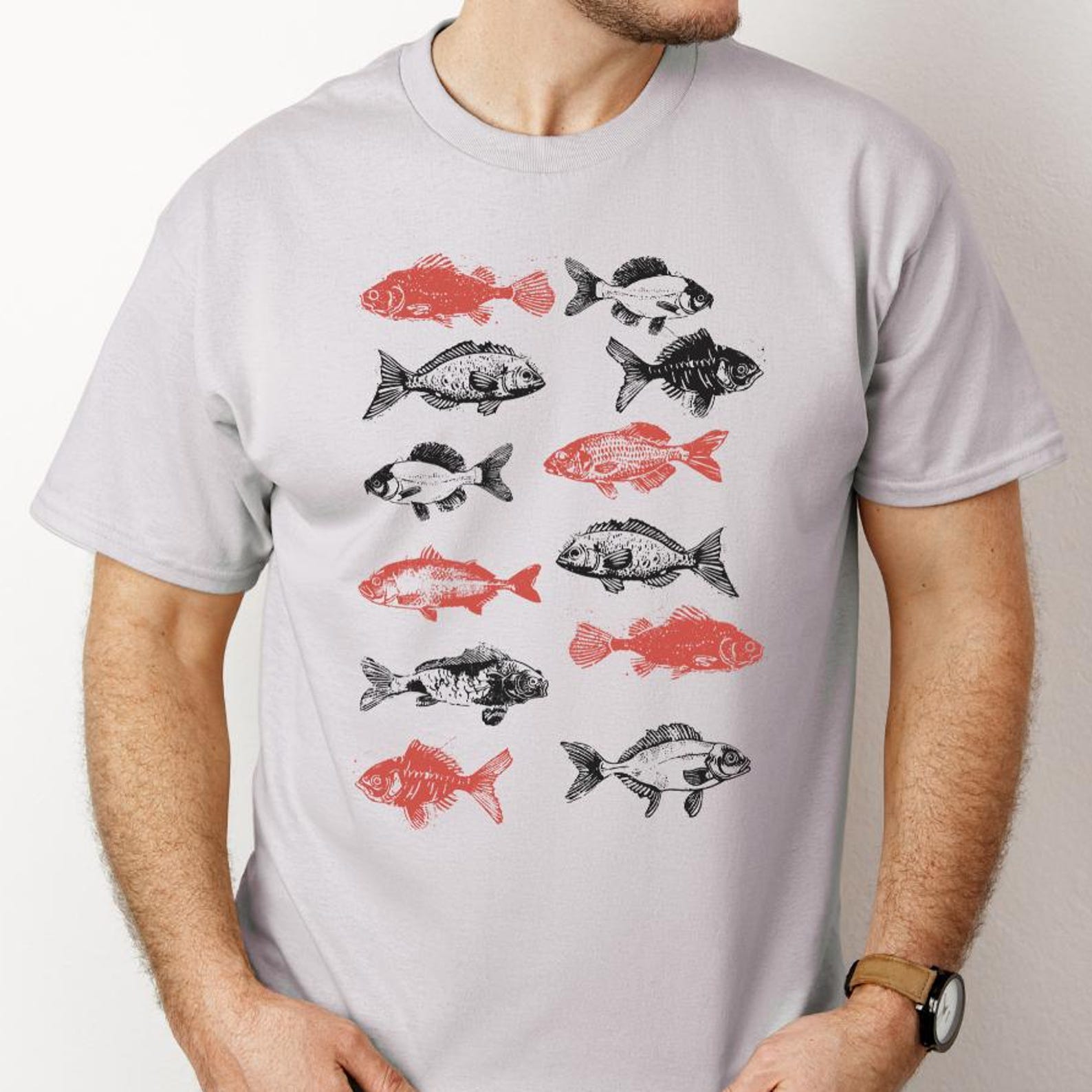 Fish Pattern Tshirt Featuring Repeated Fish Illustration gray Casual Softstyle Cotton Crewneck retro 120