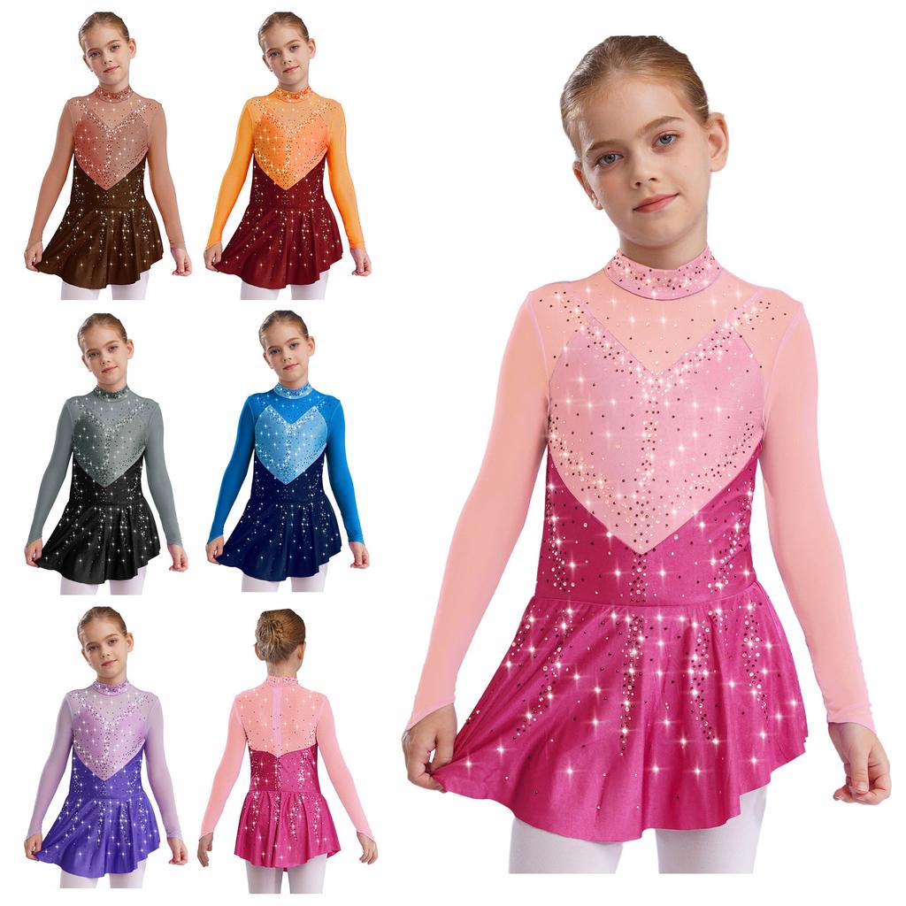 Kids Girls Figure Skating Dance Dress Ballet Leotard Dancewear Mock Neck Long Sleeve Color Block Sheer Mesh Rhinestones Dress