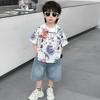 2026 Boys' Korean Style Summer Set: Colorful Dinosaur Print Tee & Denim Shorts