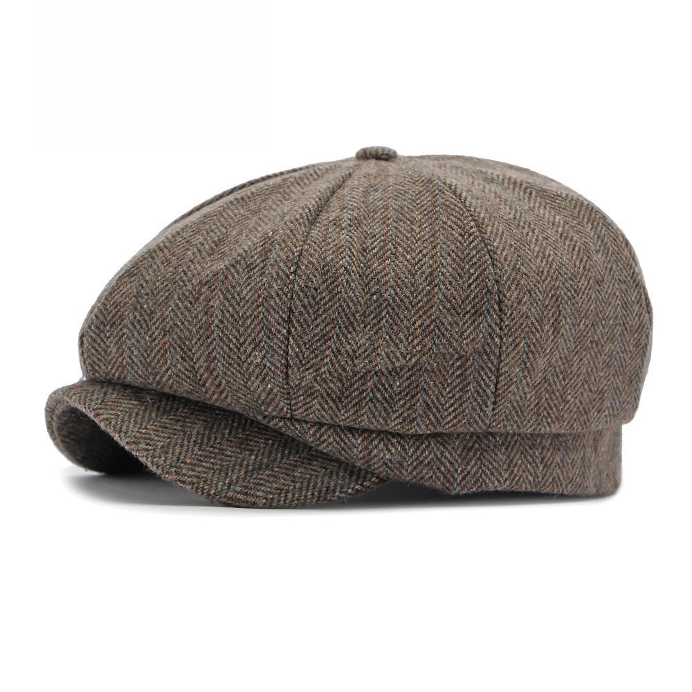 British Style Unisex Herringbone Wool Newsboy Cap, Autumn Winter Eight-Panel Baker Boy Hat, Vintage Casual Painter Beret for Men and Women