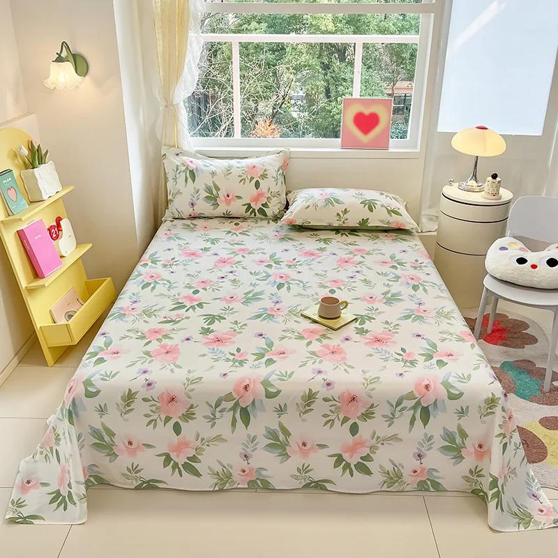 Botanical Floral Flat Sheet Twin Queen Garden Flower Bed Sheet Set Soft Cotton Pastoral Wildflowers Bed Cover with 2 Pillowcases
