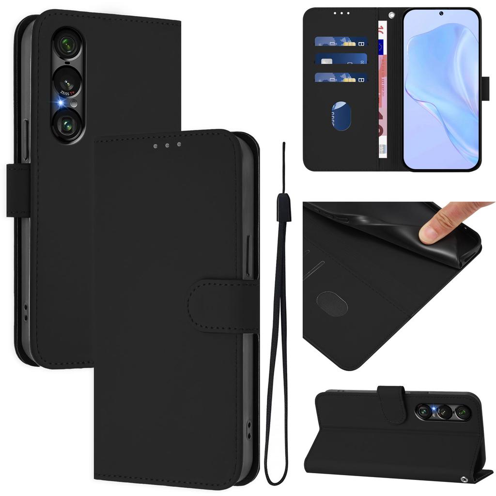 For Sony Xperia 1 VII Case Solid Color Wallet Leather Phone Cover with Strap