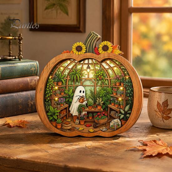 Fall Harvest Home Decoration Halloween Ghost Wooden Tabletop Ornament, 2D Flat Cute Reading Bathing Thanksgiving Table Centerpiece Watering