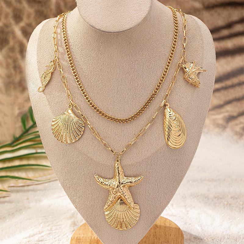 Exaggerated Hippocampus Starfish Shell Pendant Choker Necklace For Women Girls Vacation  Necklace Jewelry Accessories