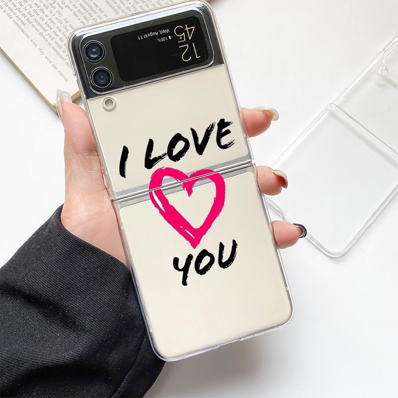 I Love You Pink Heart Fashion Phone Case For Samsung Galaxy Z Flip 3 4 5 6 7 Hard Folding Z Flip4 Clear PC Cover Protector Gift