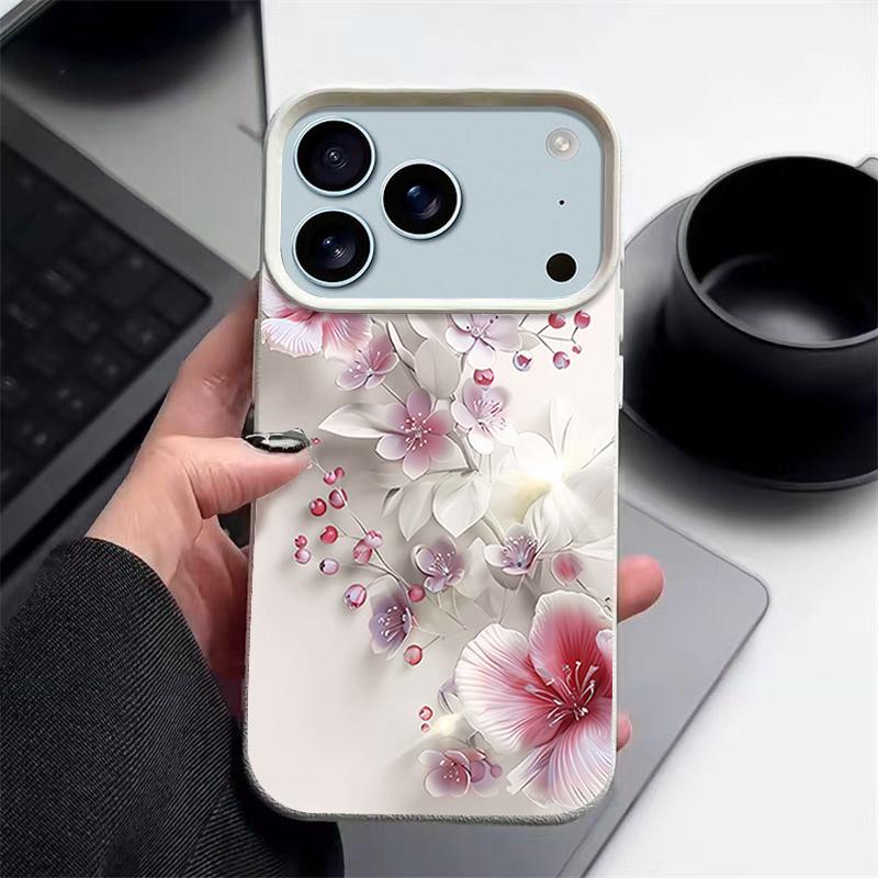 

For iPhone 17 Pro Max Case Pink White Flower Pattern Leather Texture Silicone Cover For Funda iPhone 16 Pro Max 15 14 13 12 11 Air 16E iPhone 12 Pro Max бежевий
