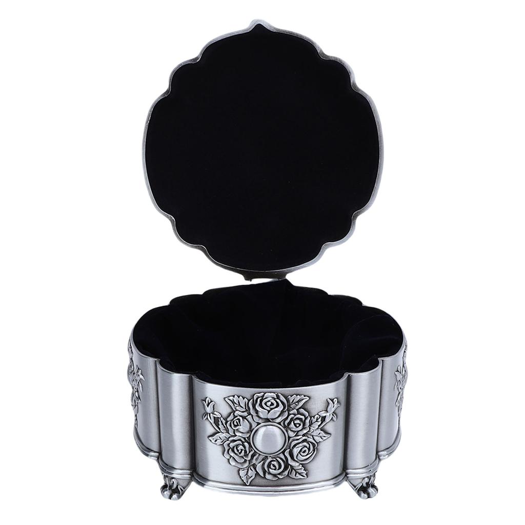 Vintage Jewelry Storage Box Zinc Alloy Antique Trinket Organizer Keepsake Box Emboss Rose Pattern Velvet Interior for