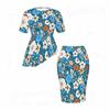 Women Plus Size Blue Floral Printed Round Neck Short Sleeve Asymmetric Top Fitted Skirt Two Piece Set