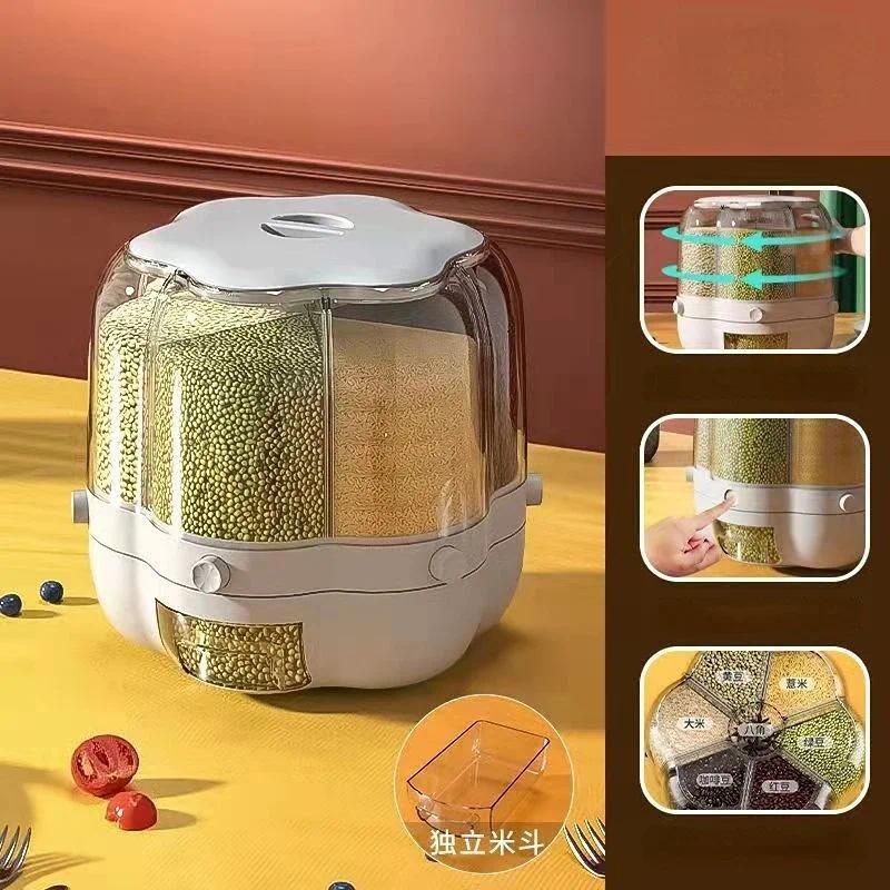 Large Capacity Kitchen Rice Tank Grain Box White/Green Food Storage Container 360° Rotating Rice Barrels Sealed Cereal Dispenser