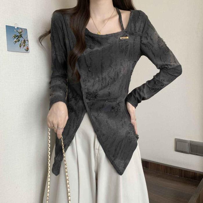 

Korean version of retro style irregular square collar slim-fitting pullover bottom long-sleeved top autumn and winter versatile fashion clothing One size fits all серый