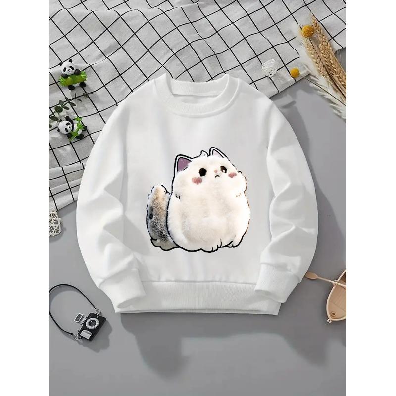 European Size Crewneck Sweatshirt - Fluffy White Cat with Pink Cheeks Machine Washable, Spring And Autumn, Sportswear And Casual Wear, Soft