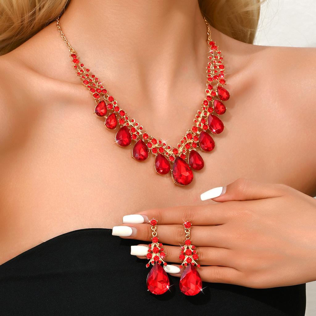 Vintage Übertriebene Halskette, Ohrring-Set, Kristall Edelstein Schlüsselbeinkette, Damen Zweiteiliges Schmuckset, Modeaccessoires.