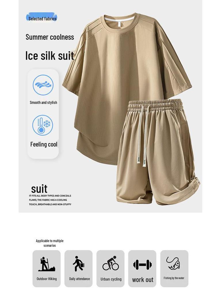 2026 Spring/Summer Men's Ice Silk Sports Suit: Short Sleeve T-shirt & Shorts Casual Two-Piece Set