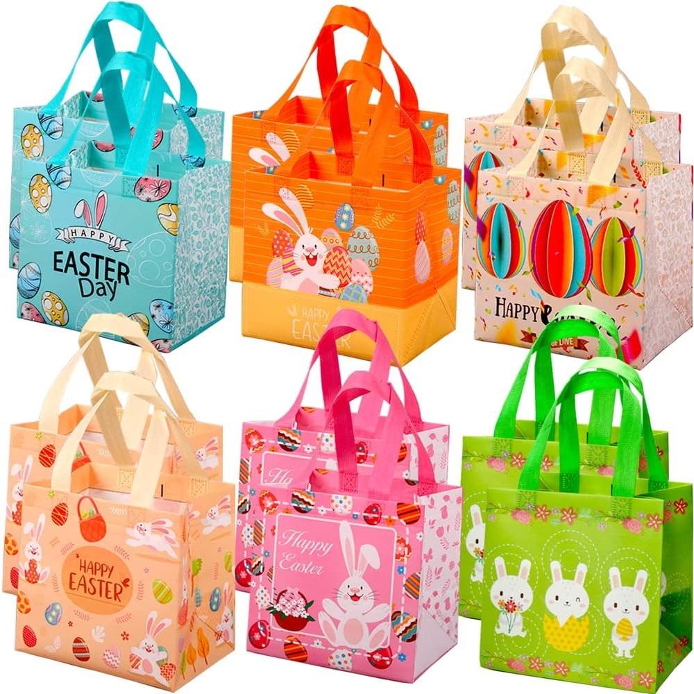 Easter Handle Tote Bags – Reusable Non-Woven Gift Bags For Bunny Egg Hunt Party Favors – 4/6/12 Pack Options (8.26x7.87x5.9")