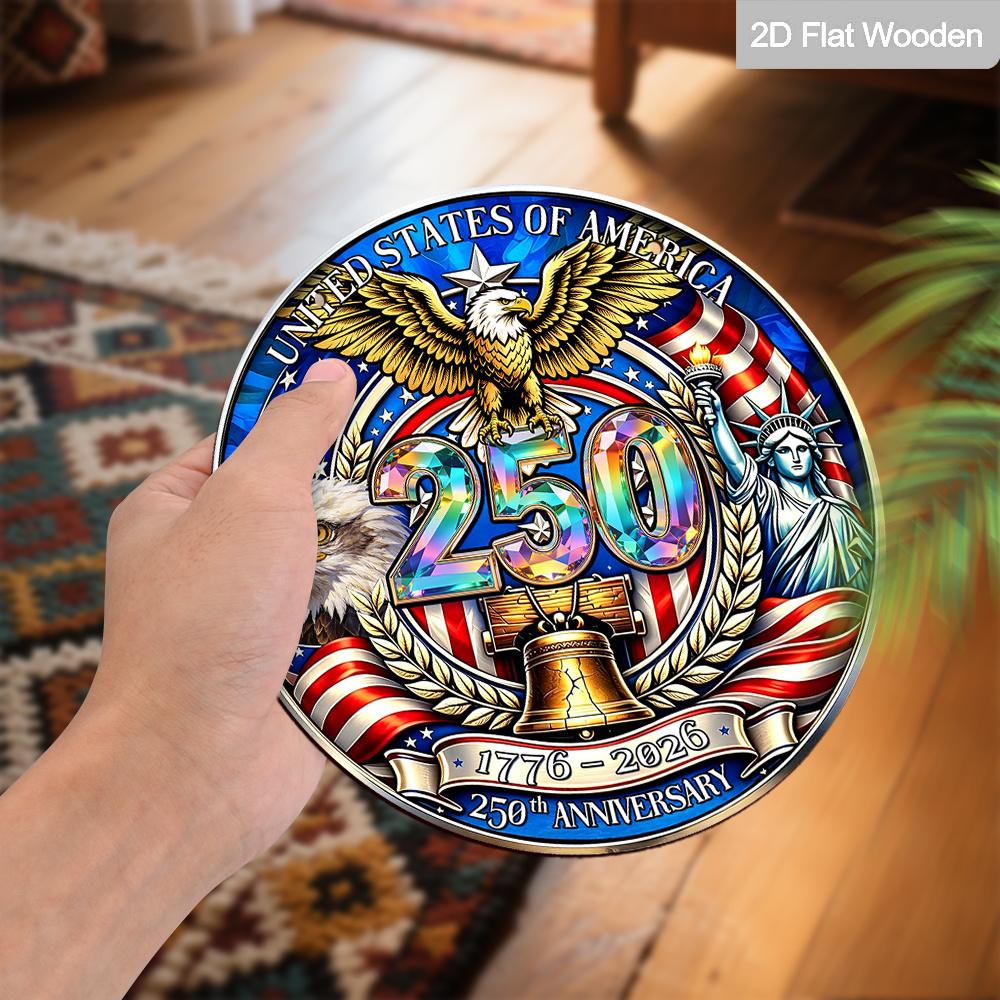 2D Flat USA 250th Anniversary 1776-2026 Wooden Hanging Sign, Stained Glass Style Round Plaque with Bald Eagle, Statue of Liberty & Liberty Bell