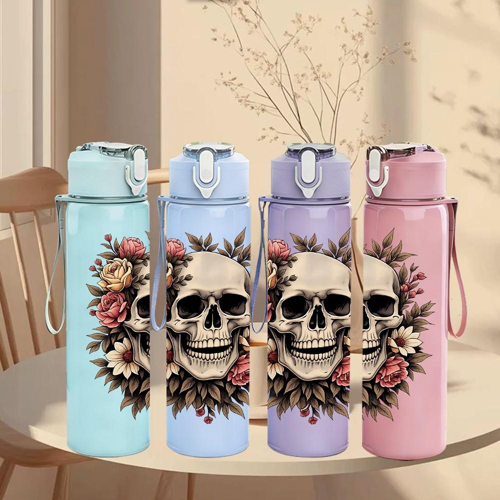 1PC Wreath Skull Flower 750ml Color Plastic Sports Water Bottle Leakproof Flip Straw Lid Suitable for Sports Office Home Use
