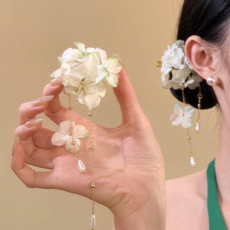 Fairy Chiffon Pearl Flower Tassel Hair Clip - Vacation Style Duckbill Bangs Accessory