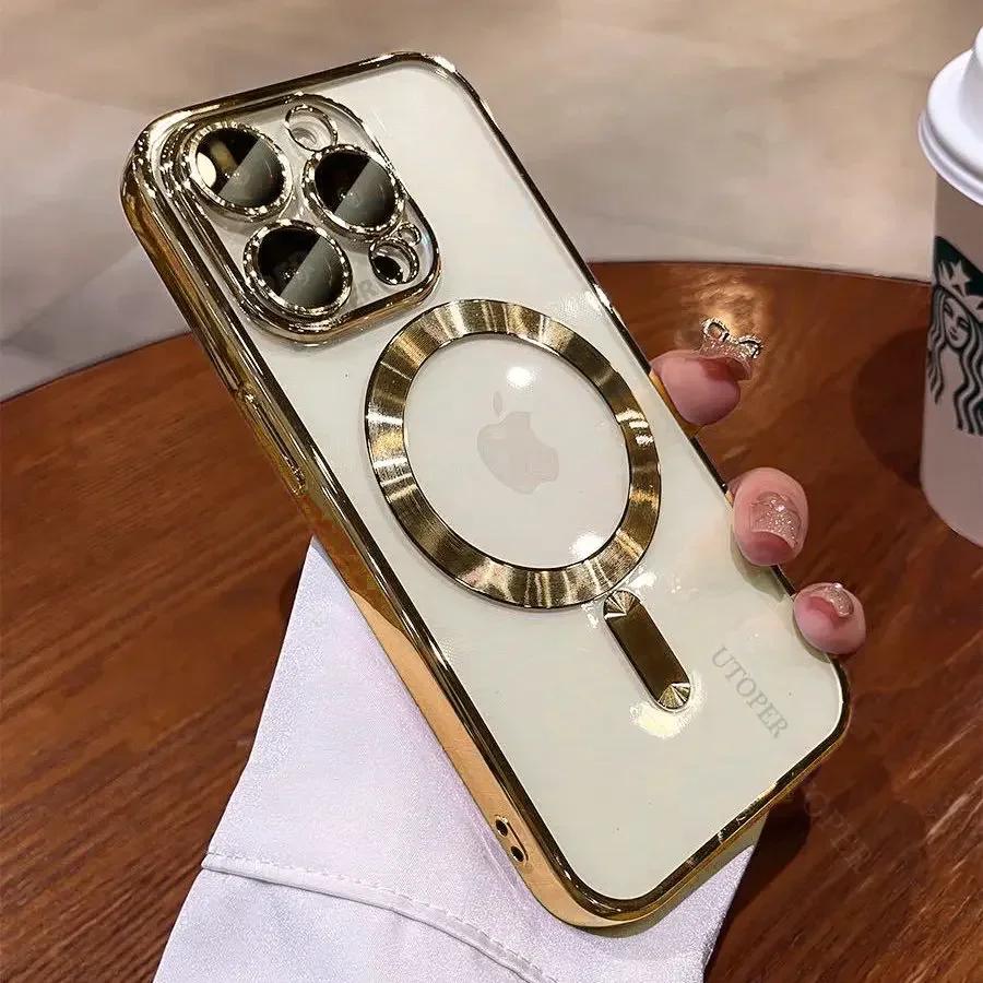 Luxury New Clear Lens Film Magnetic Case For IPhone 15 14 13 12 11 Pro Max Plus Plating Wireless Charging Shockproof Cover