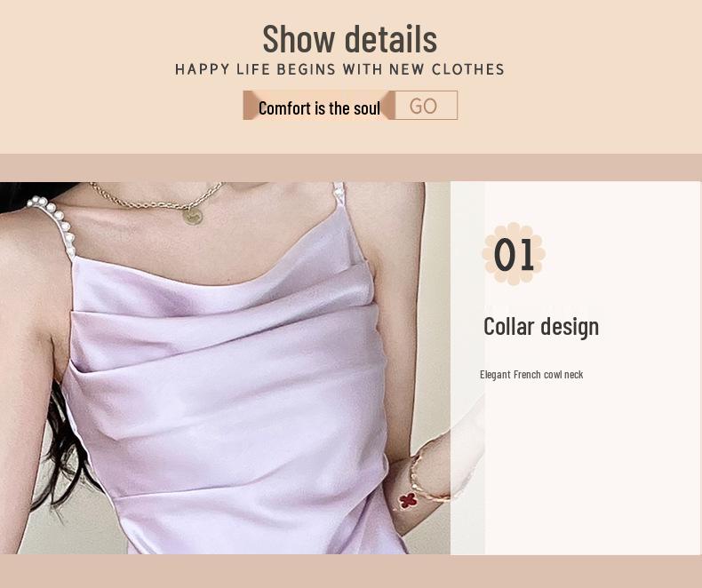 Elegant Summer French Satin Cowl Neck Spaghetti Strap Dress with Beaded Slit