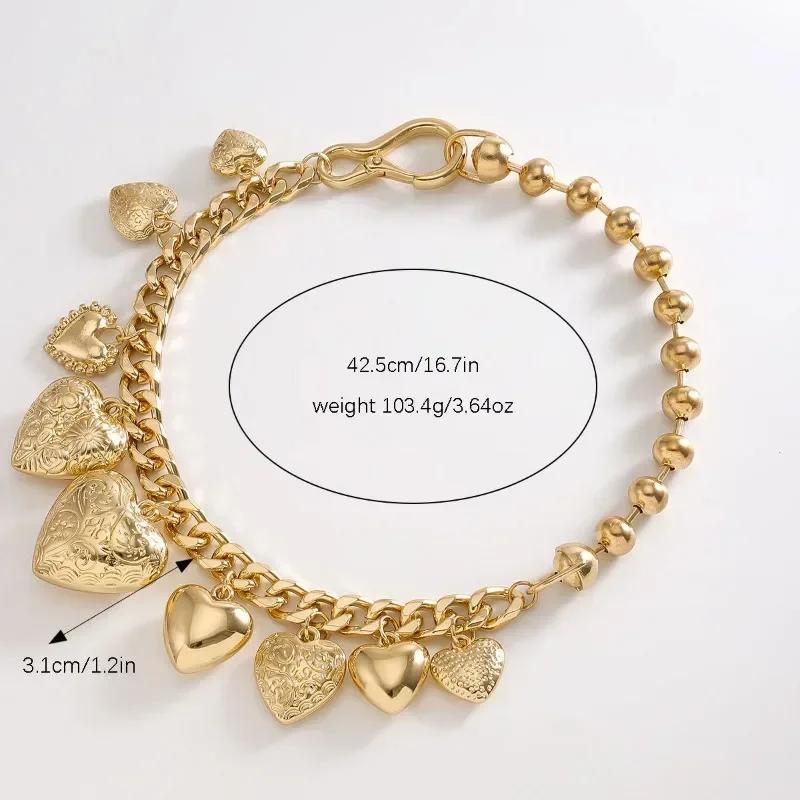 Retro Gold Tone Heart-Shaped Tassel Pendant Necklace Trendy Charm Statement Jewelry for Women