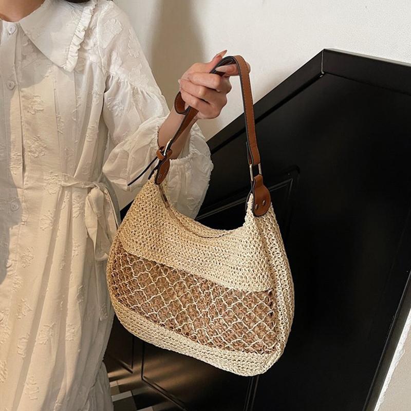 Women Hollow Shoulder Bag Large Capacity Straw Weaving Travel Handbag Adjustable Strap Shopper Tote Bag