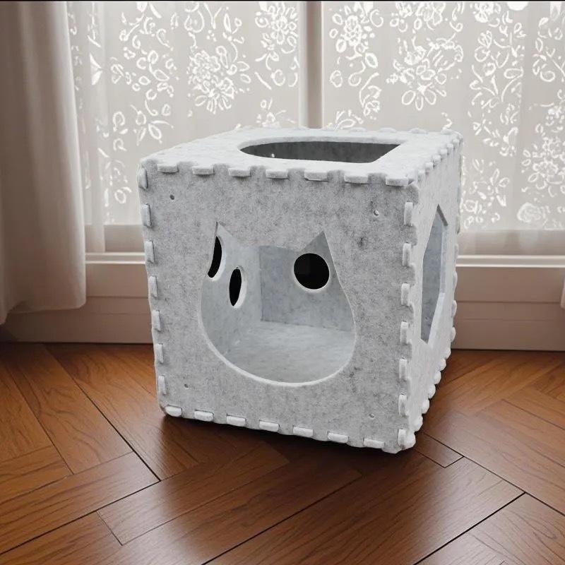 All-Season Wear-Resistant Foldable Cat Bed: Dice-Shaped, Semi-Enclosed, Warm, Detachable, Felt Pet House Felt Cat House