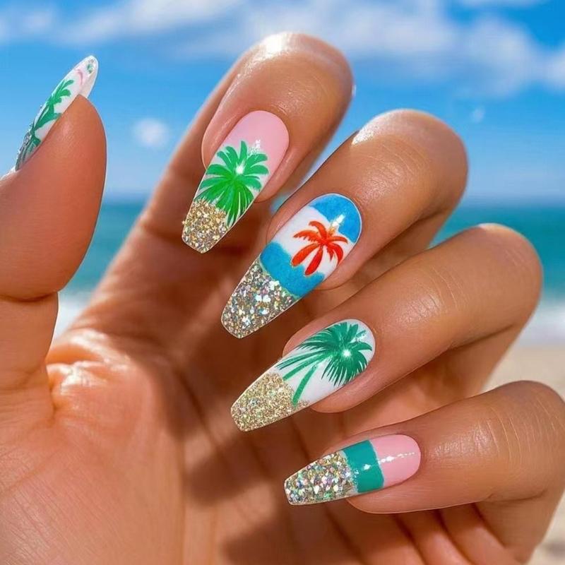 

24 Pcs Coconut Tree False Nail Summer Artificial Nail Glittering Full Cover Stick on Nail Long Ballerinas Press On Nail 1