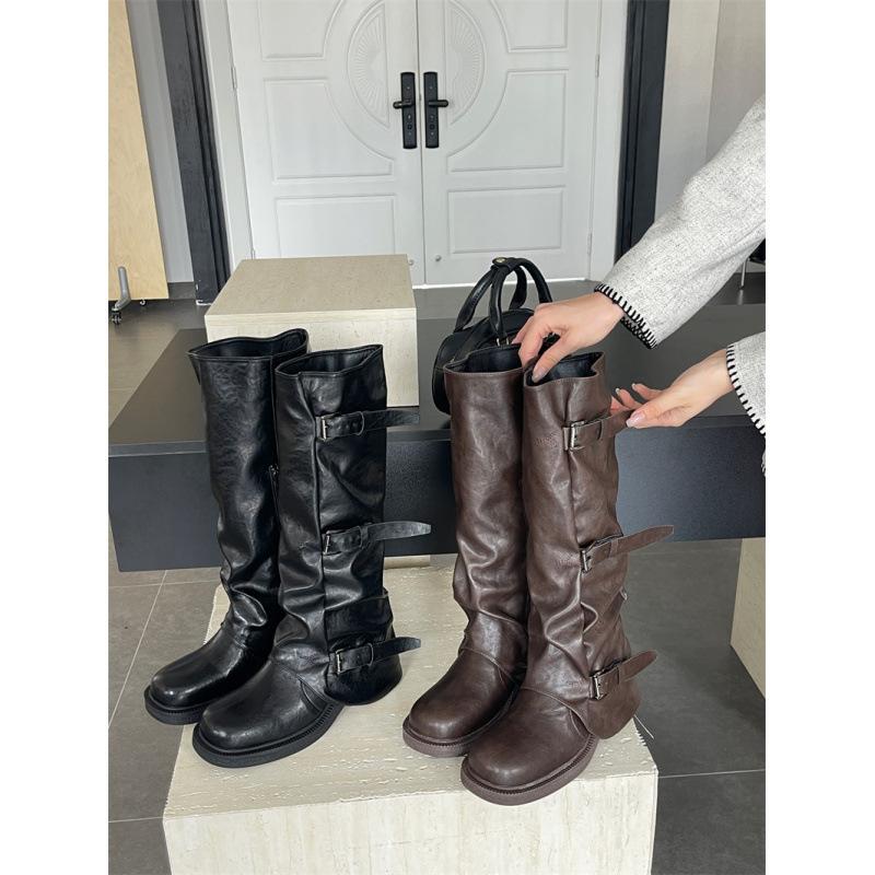 

Natural Roll Thick Bottom Belt Buckle Pant Tube Boots Women s Folded Soft Leather Square Round Head Tall Stacking Boots Tall Knight Boots 40 темно-коричневого кольору