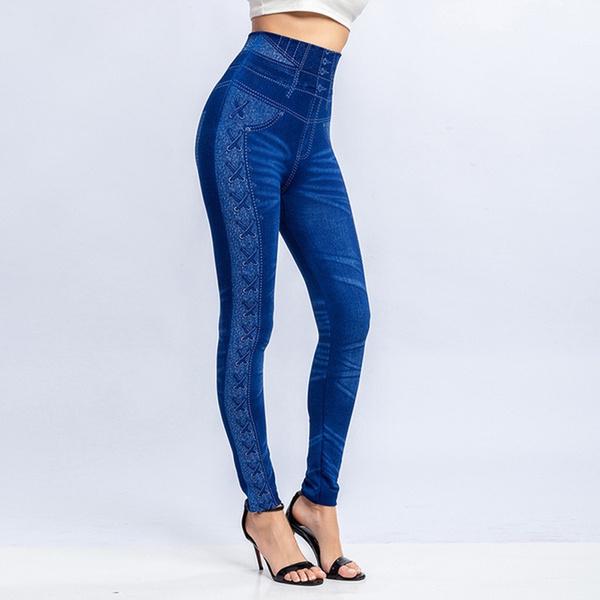 Women Sport Lady Denim Fake Jeans Leggings Jeggings Streth Pants with Pockets Blue Black Slim Leggings Jeans Skinny Trousers Tight XS-3XL