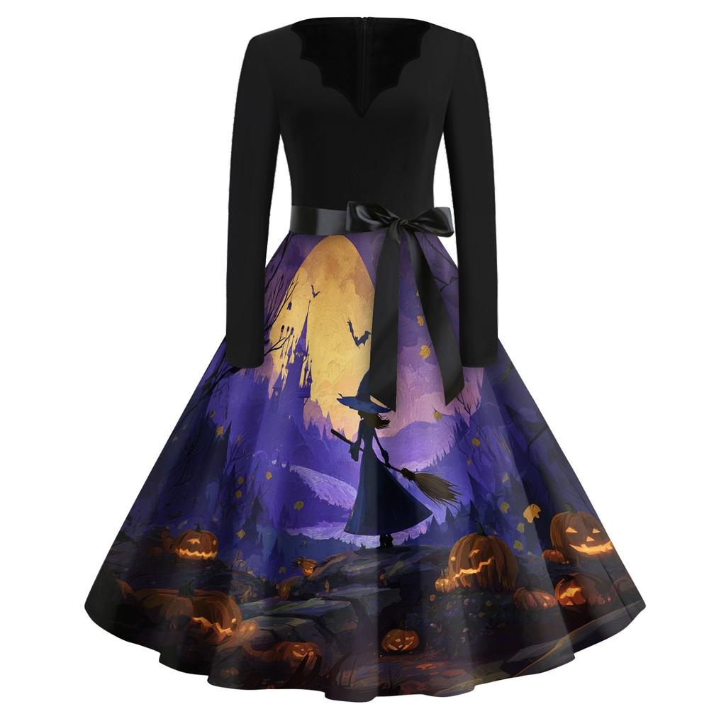 Women's Casual Vintage Halloween Dress V Neck Long Sleeve Retro Printed Swing Dress with Waist Tie Belt for Fall Seasonal Wear