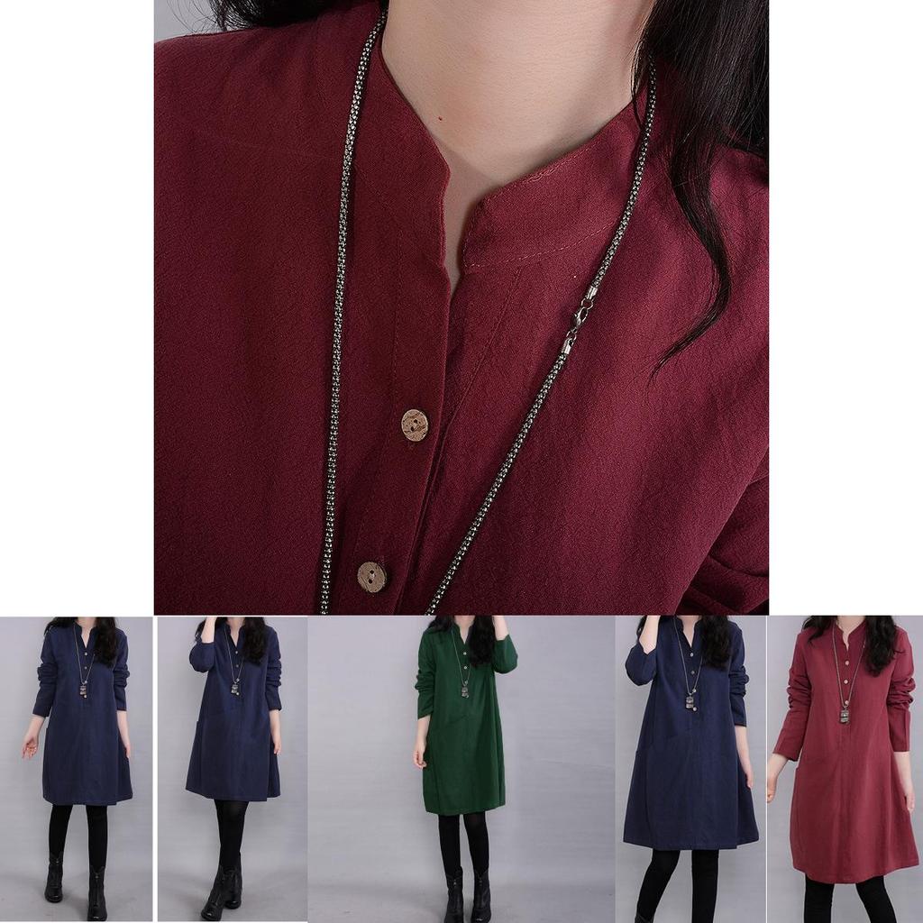 Timeless Vintage Women Long Sleeve Pullover V Neck Tunic Dress For Casual Elegance