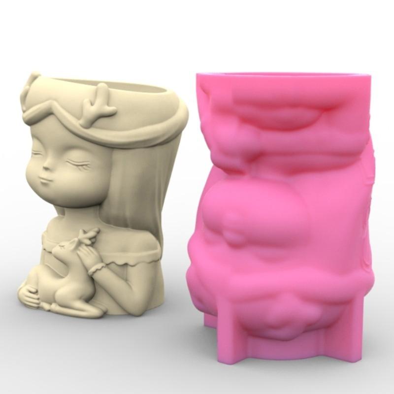 Garden Planter Pot Silicone Mold Girl and Puppy Vase Flower Pot Resin Mold Unique Gift Garden Decoration Planter Mold