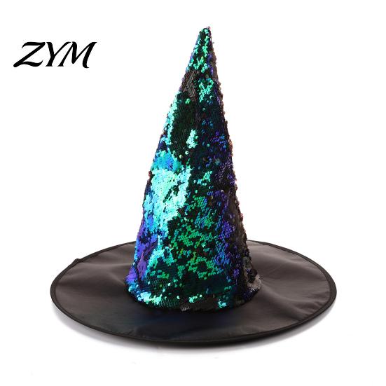 Sparkly Sequin Witch Hat Reversible Hat, Glitter Large Wizard Unique Costume Halloween Party for Cosplay, Masquerade Color Changing
