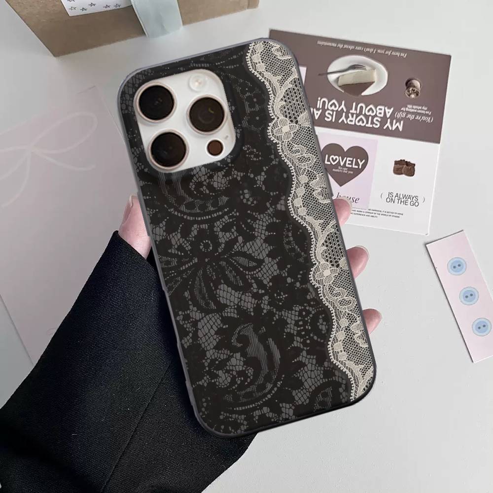 

Black lace print For iPhone 17 16 15 11 12 13 14 Pro Max Plus Pro Corrugated Translucent Back Phone Cover iPhone 16 pro
